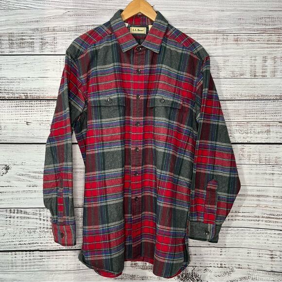 VTG LL Bean Mens Large GO27 Plaid Button Down Shirt 100% Cotton Red Blue Gray - Picture 2 of 11
